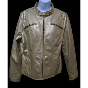 Gold Faux Leather Moto Jacket  Zipper Pockets Snap Collar mob wife 80's retro